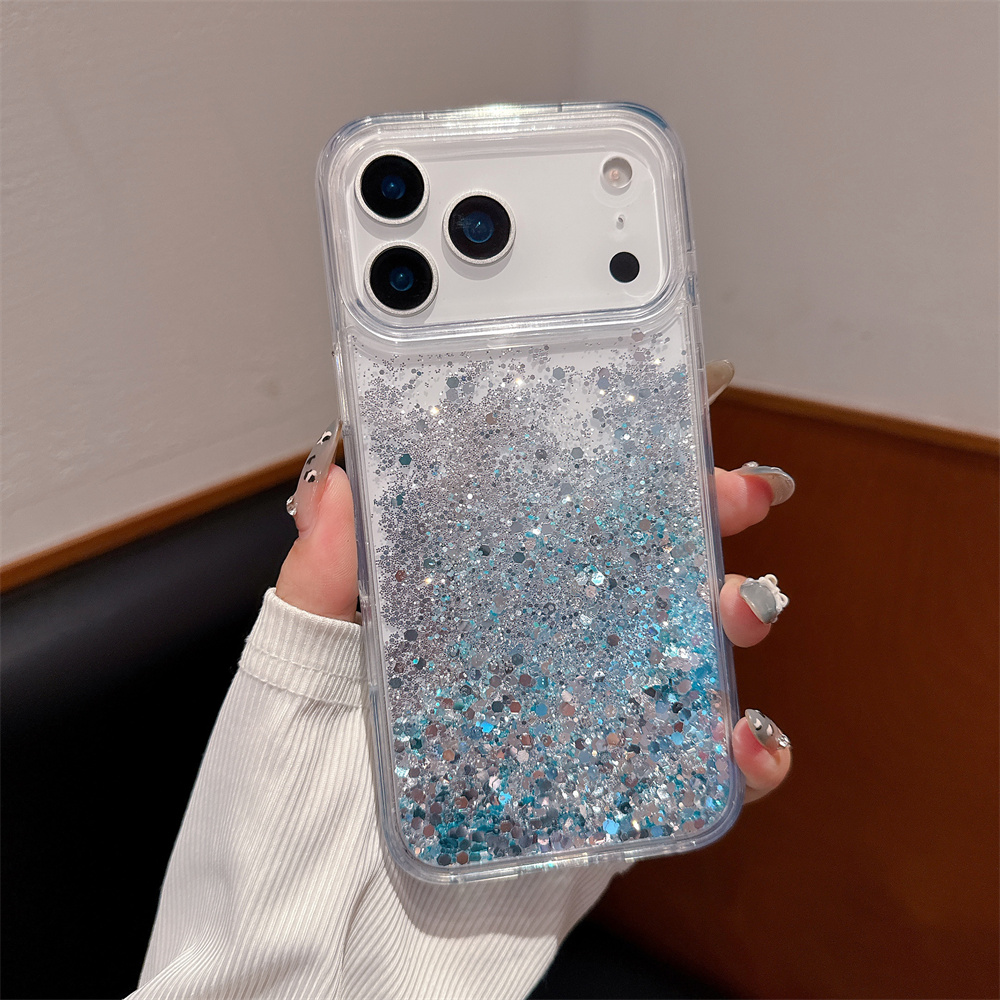 Shelly - iPhone 17/16 Pro Max用キラキラ流砂ケースカバー、グリッターグロスシルバーブルー、動くスパンコール、シリコン製、落下防止ハードケース