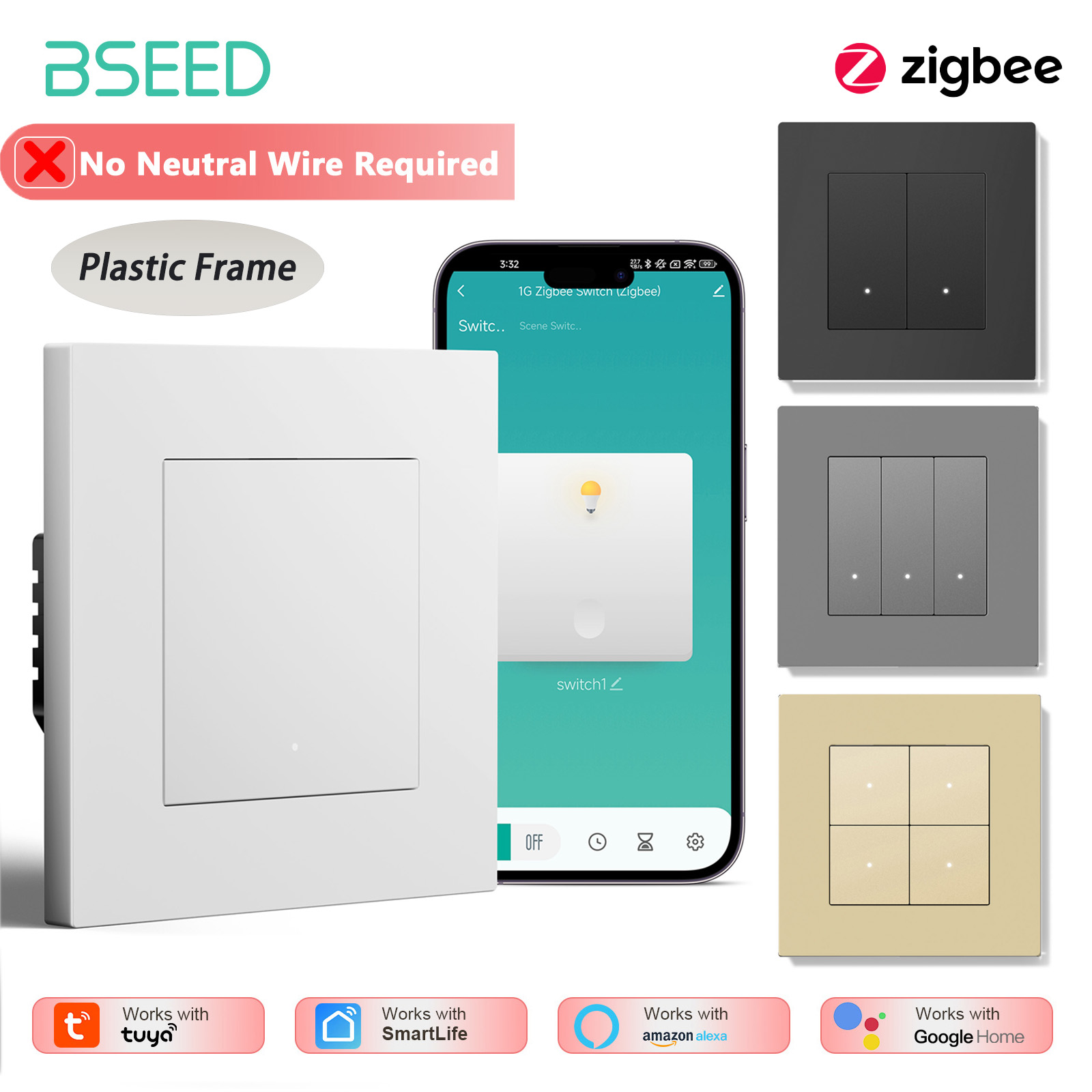 BSEED 1/2/3/4Gang Zigbee ライトスイ - Tuya 4 Channel のレビューと価格