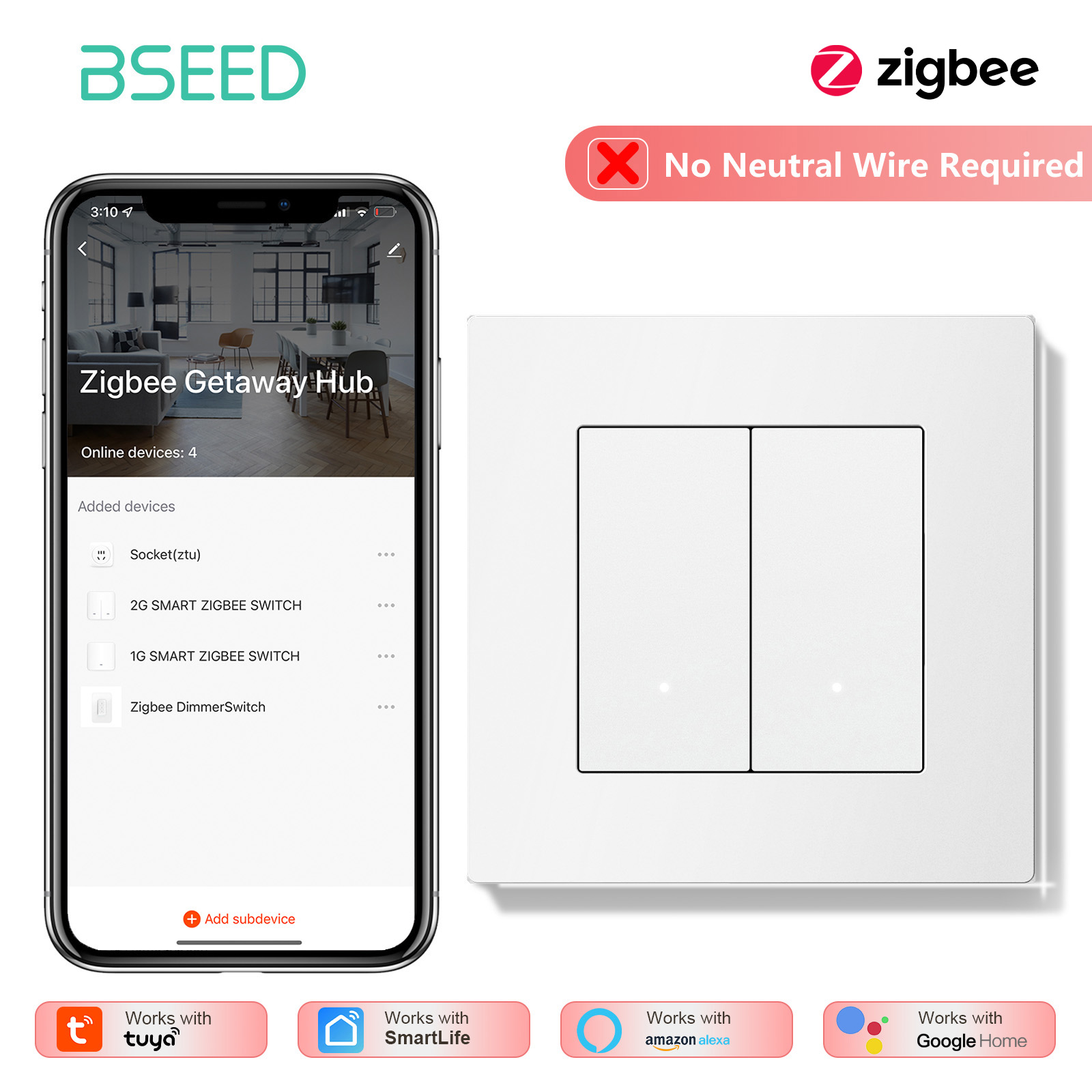BSEED 1/2/3/4Gang Zigbee ライトスイ - Tuya 4 Channel のレビューと価格